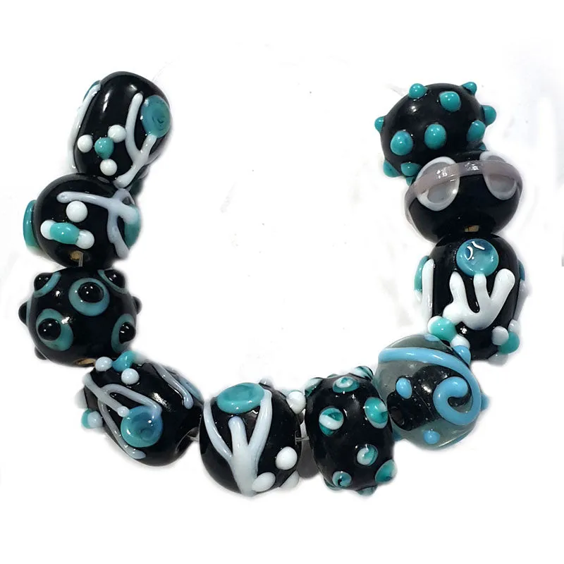 10 Pcs. Black Raised Pattern Handmade Lampwork Glass Beads