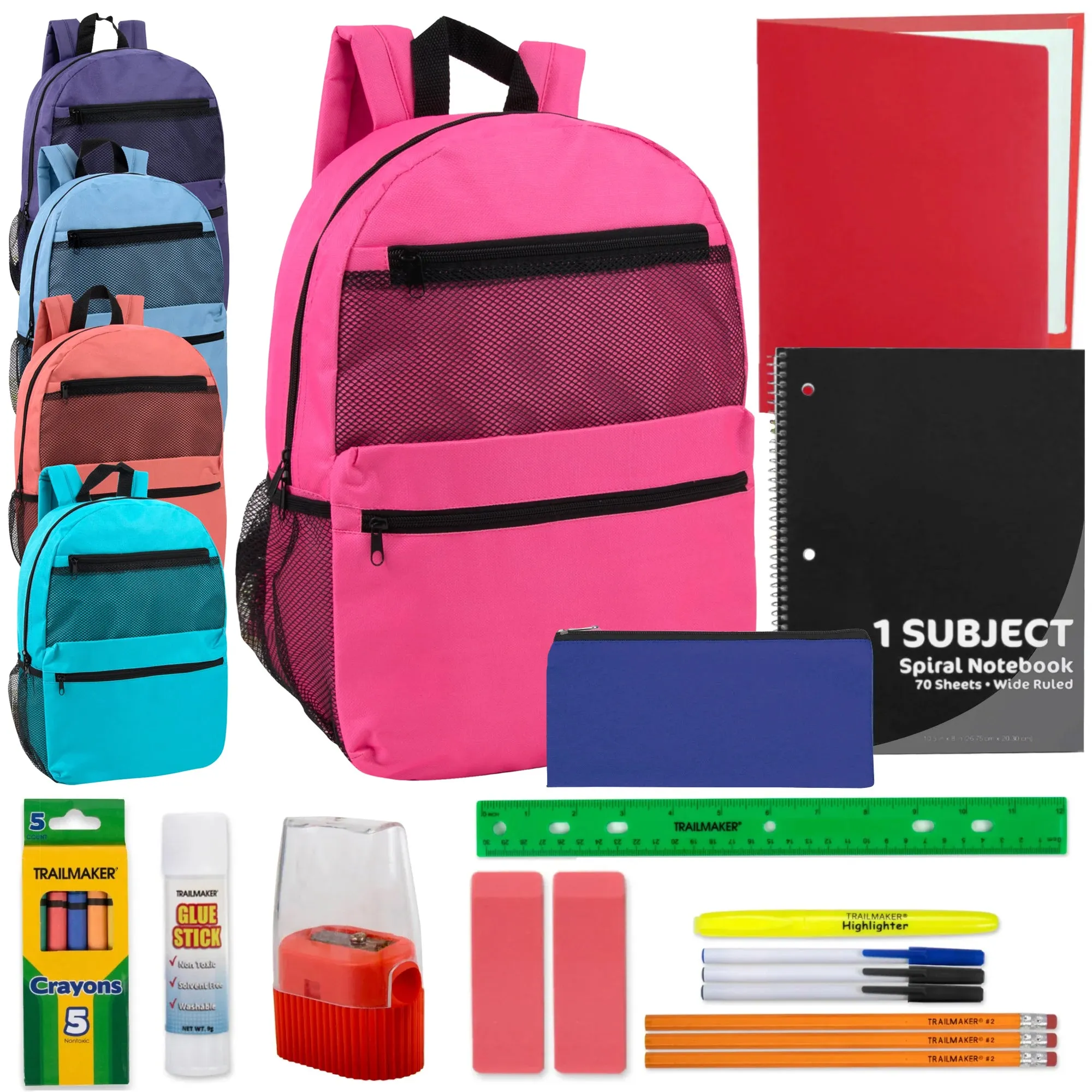 17-Inch Double Front Zippered Backpack with 20-Piece School Supplies Kit - 5 Girl Colors