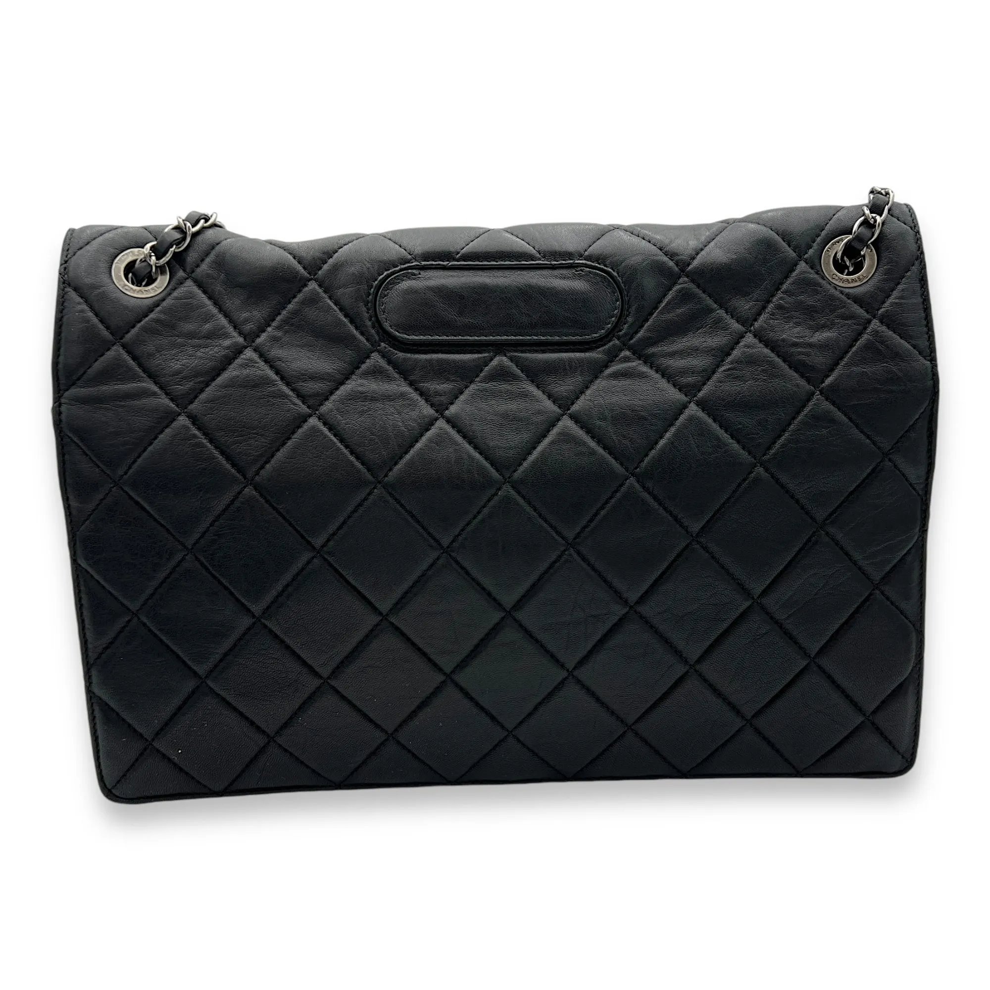 2.55 Document Large Black Shoulder Bag in Lambskin, Brushed Silver hardware