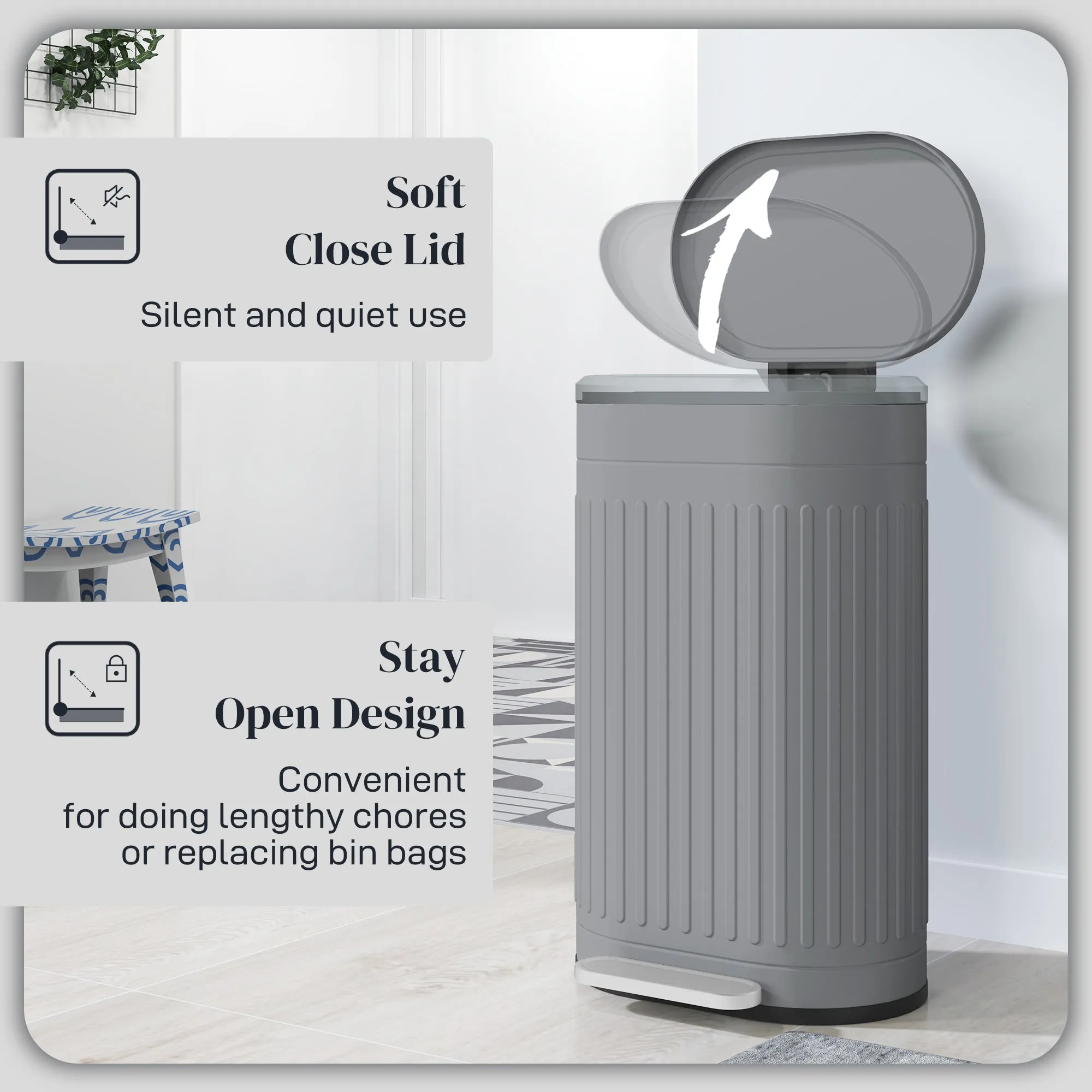 30L Pedal Bin, Metal Kitchen Bin with Soft-close Lid, Grey