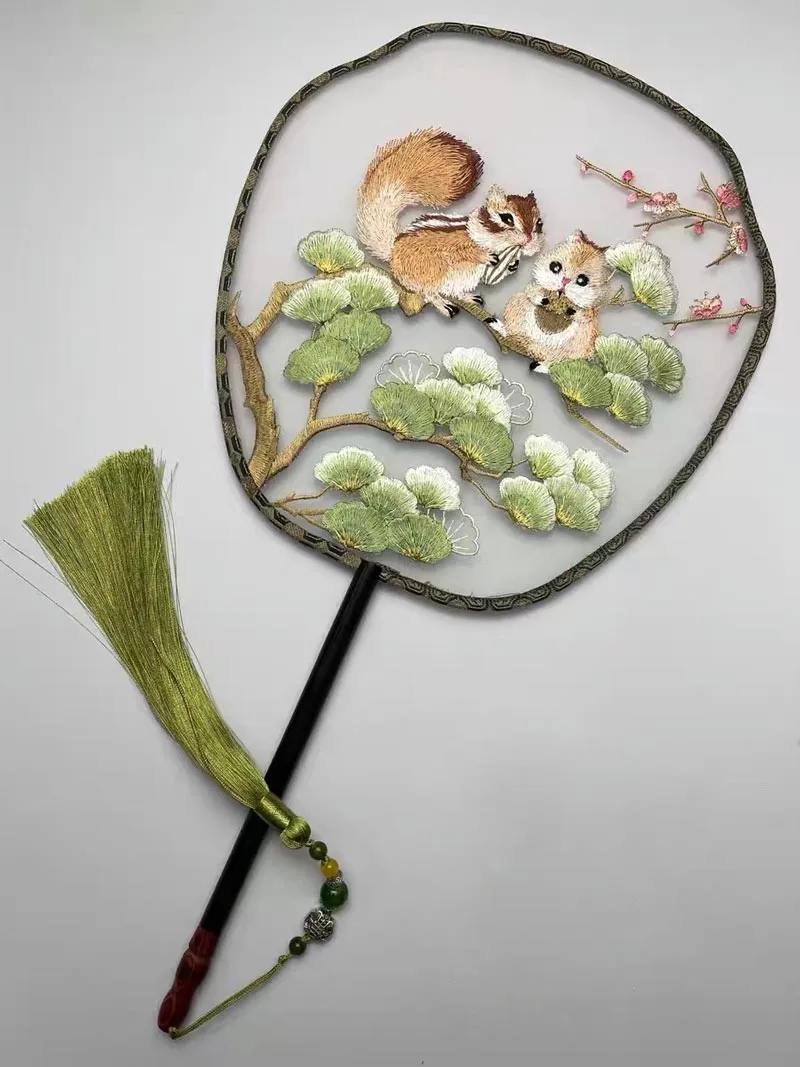 Ancient Chinese Landscape Painting - Grey Squirrels in Pine Tree Eating Pine Nuts Single Side Embroidered Handheld Decorative Fan Chinese Art