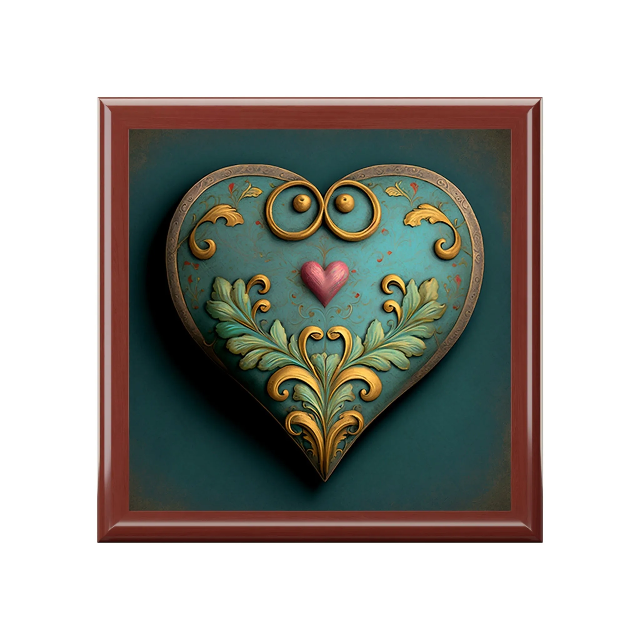 Antique Vintage Heart Wood Keepsake Jewelry Box with Ceramic Tile Cover