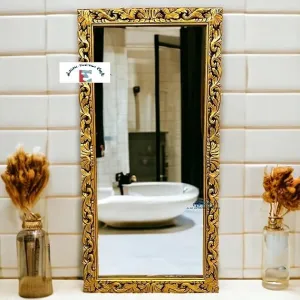 Artistic Interior Crafts Wooden Hand Carved Wall Mirror Frame Solid Wood, Distress Finish | with Out Mirror | Size 6 * 3 ft (Antique Gold)