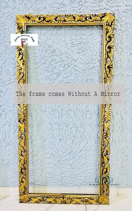 Artistic Interior Crafts Wooden Hand Carved Wall Mirror Frame Solid Wood, Distress Finish | with Out Mirror | Size 6 * 3 ft (Antique Gold)