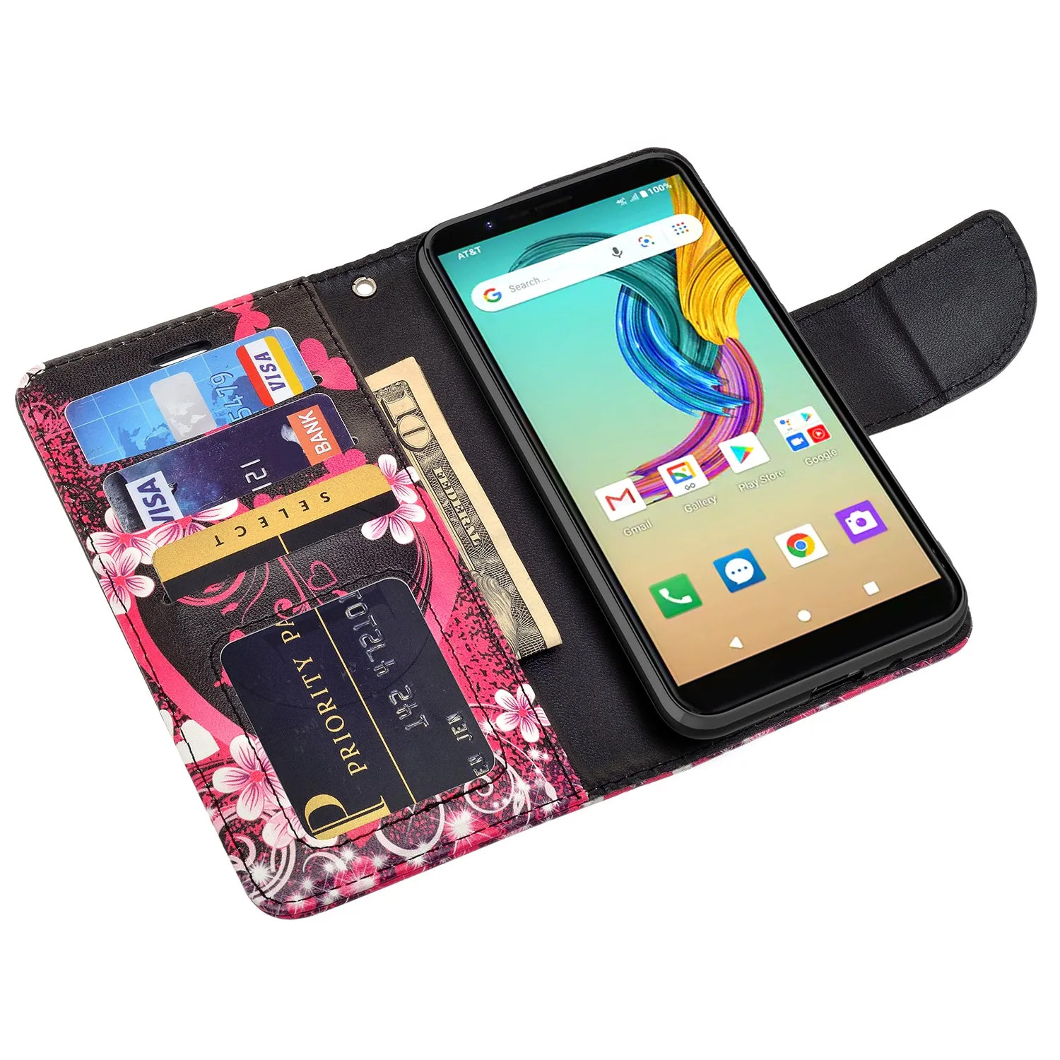 AT&T Fusion Z / Motivate Case, AT&T Fusion Z / Motivate Wallet Case, Wrist Strap Pu Leather Wallet Case [Kickstand] with ID & Credit Card Slots - Heart Butterflies