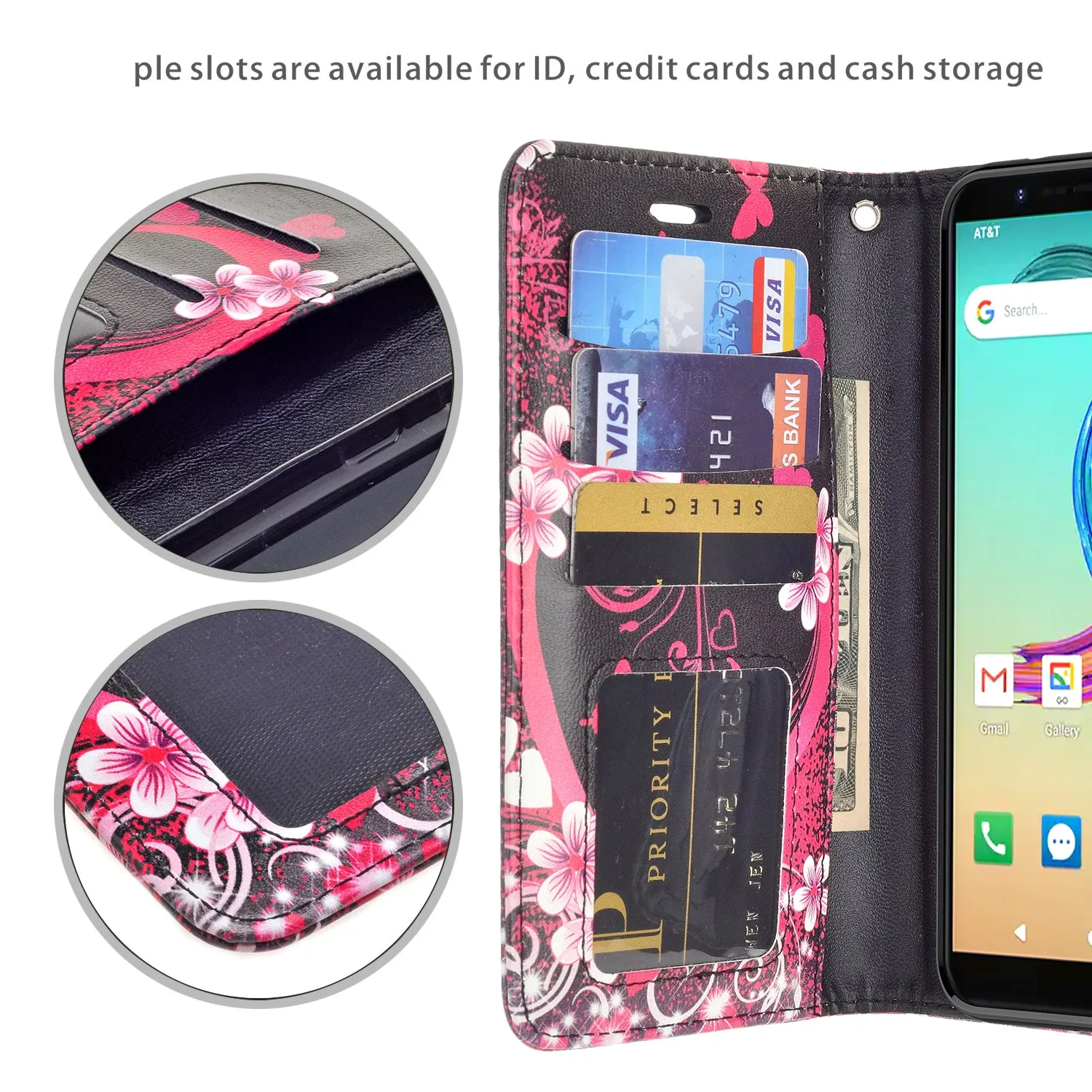 AT&T Fusion Z / Motivate Case, AT&T Fusion Z / Motivate Wallet Case, Wrist Strap Pu Leather Wallet Case [Kickstand] with ID & Credit Card Slots - Heart Butterflies