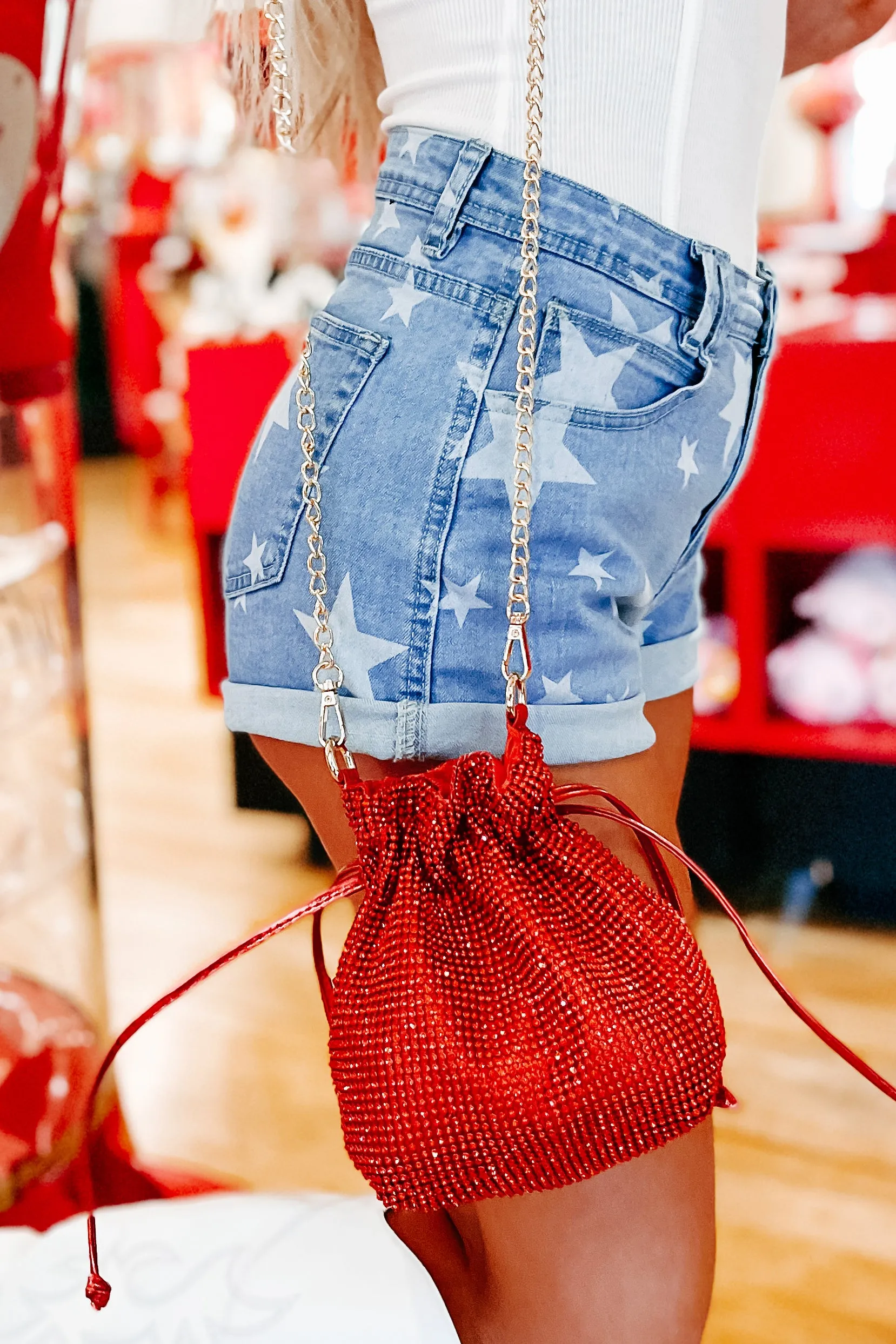 Big Time Shine Mini Rhinestone Bucket Bag (Red)