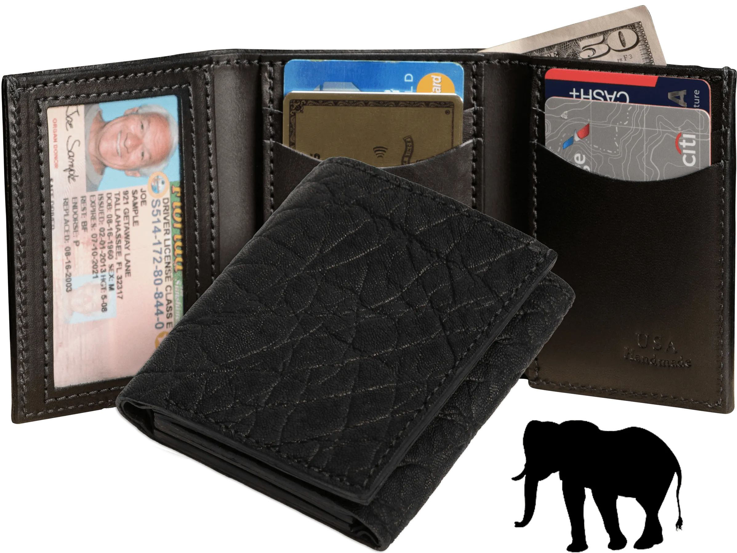 Black Elephant Luxury Designer Exotic Trifold Wallet With ID Window