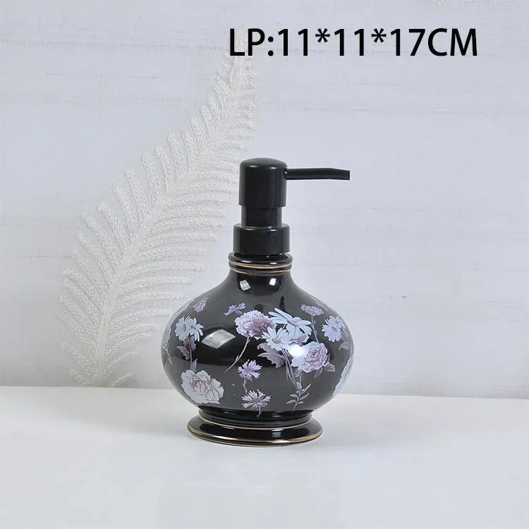 Black Floral Ceramic Bathroom Accessory Set