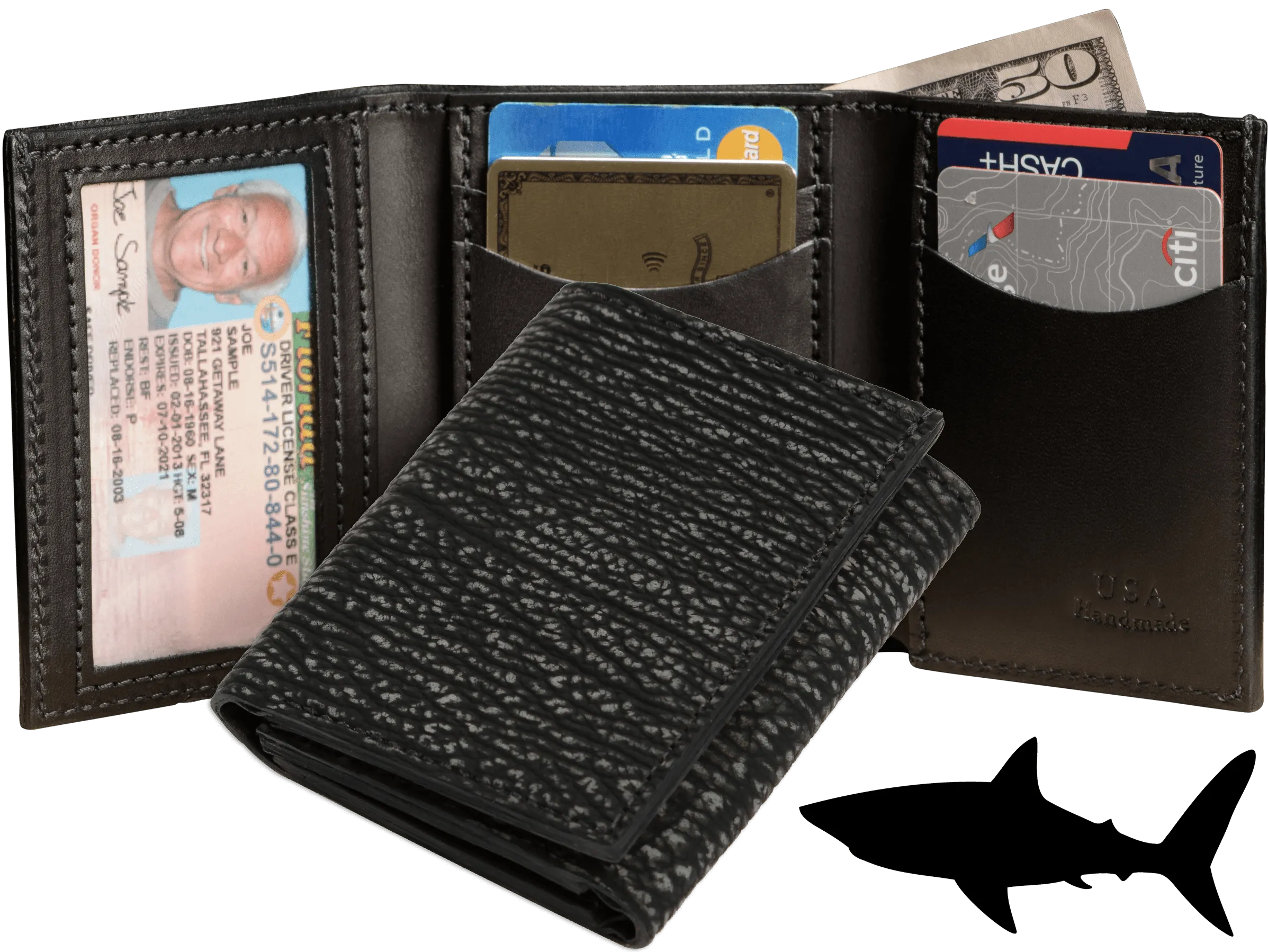 Black Suede Shark Luxury Designer Exotic Trifold Wallet With ID Window