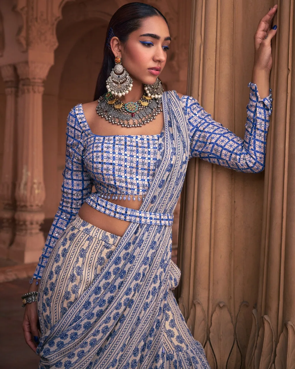 Blue Stripe Print and Highlighted Sharara Sari Set