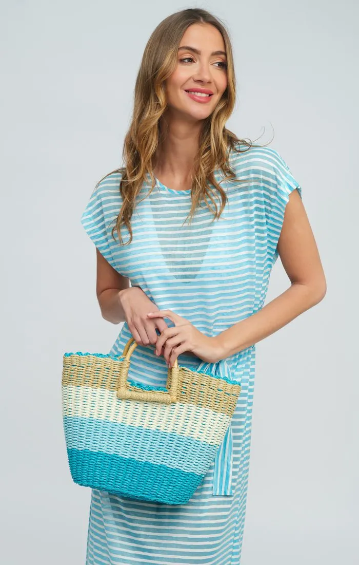 Blue Striped Rattan Bucket Bag with Wooden Handles