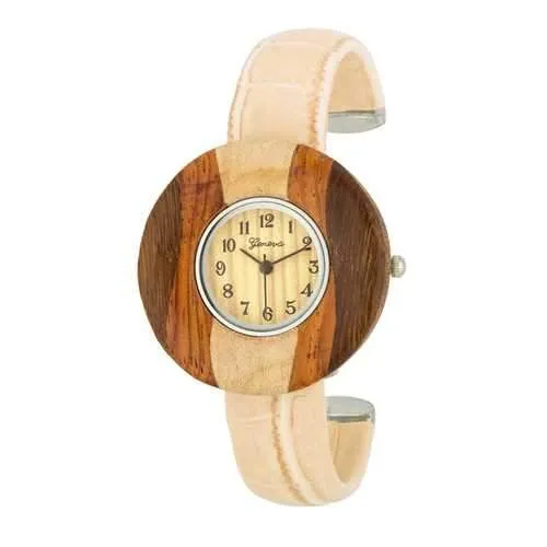 Brenna Beige Wood Inspired Leather Cuff Watch