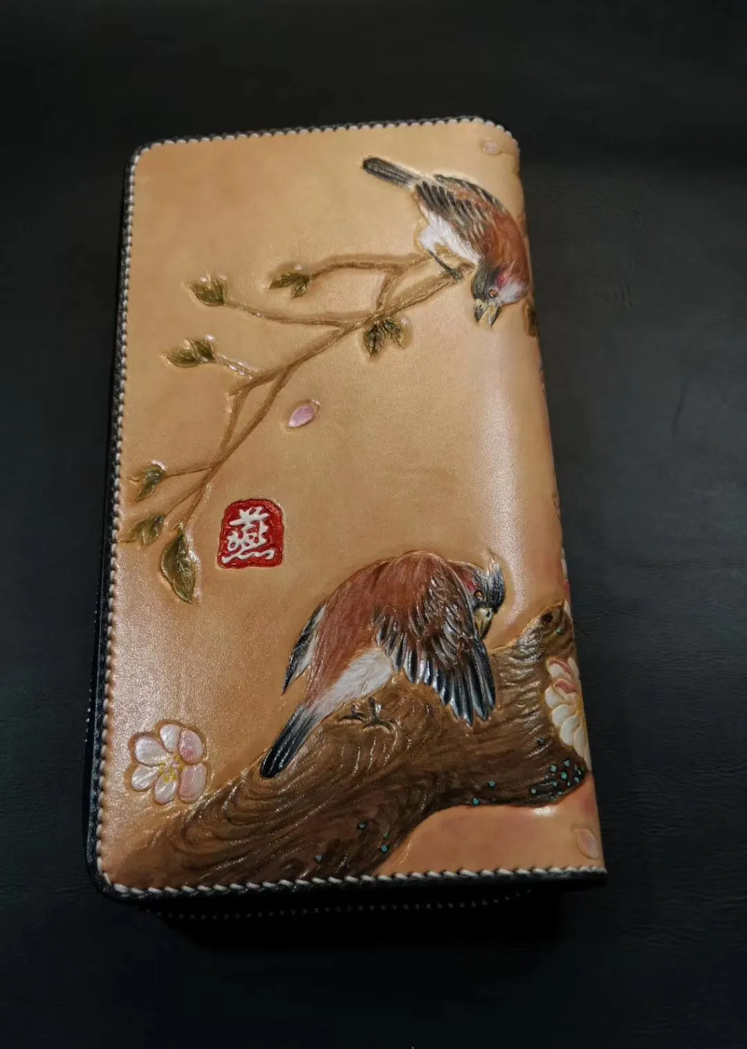 Brown Leather Women Cherry Blossom Tree Biker Wallet Handmade Tooled Zipper Long Wallets For Men