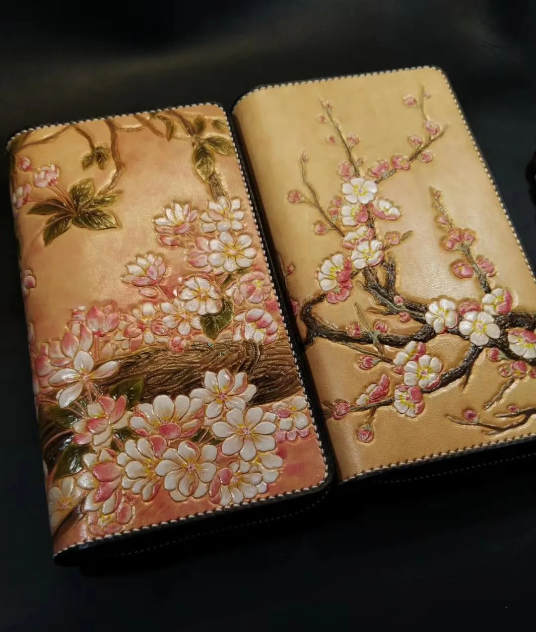 Brown Leather Women Cherry Blossom Tree Biker Wallet Handmade Tooled Zipper Long Wallets For Men