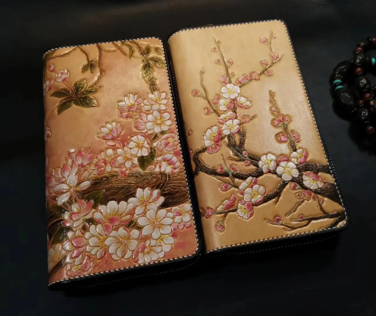 Brown Leather Women Cherry Blossom Tree Biker Wallet Handmade Tooled Zipper Long Wallets For Men