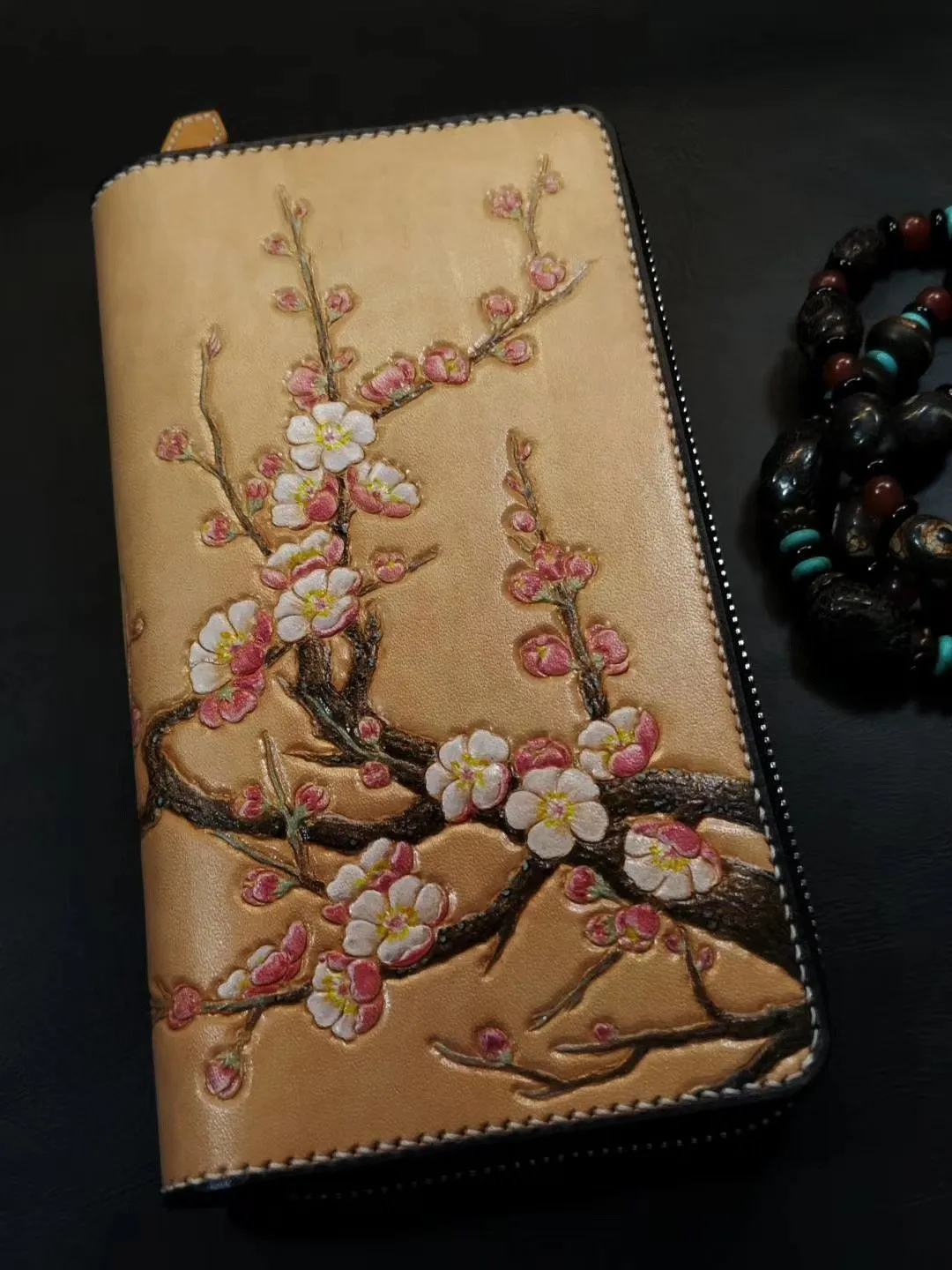 Brown Leather Women Cherry Blossom Tree Biker Wallet Handmade Tooled Zipper Long Wallets For Men