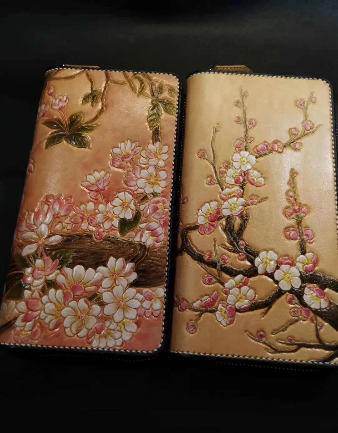 Brown Leather Women Cherry Blossom Tree Biker Wallet Handmade Tooled Zipper Long Wallets For Men