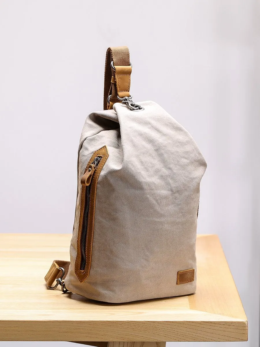 Canvas Leather Mens White Chest Bag One Shoulder Backpack Green Sling Bag for Men