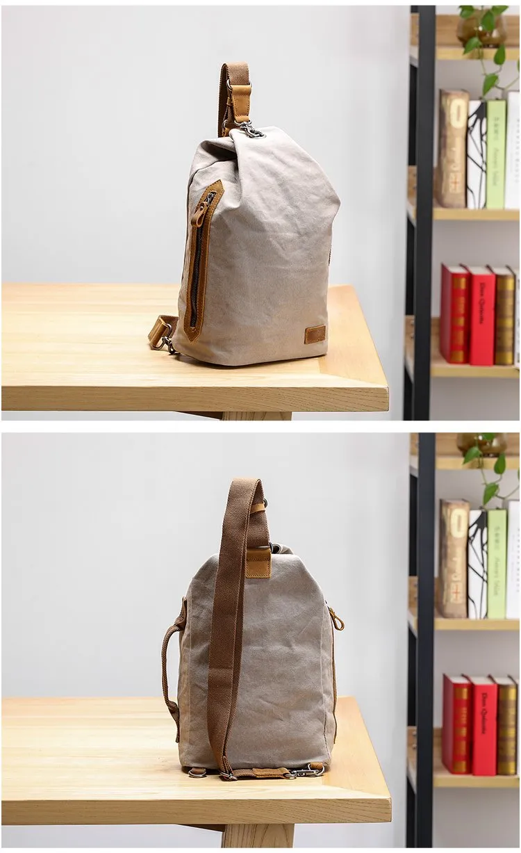 Canvas Leather Mens White Chest Bag One Shoulder Backpack Green Sling Bag for Men