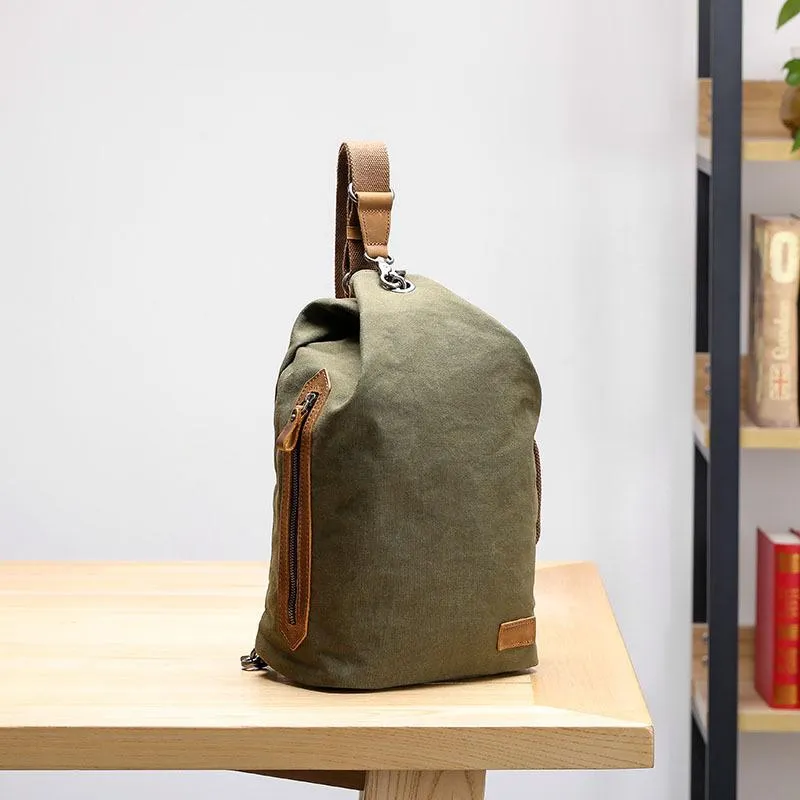 Canvas Leather Mens White Chest Bag One Shoulder Backpack Green Sling Bag for Men