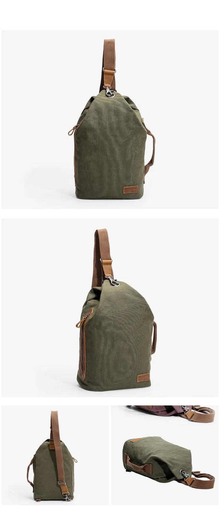 Canvas Leather Mens White Chest Bag One Shoulder Backpack Green Sling Bag for Men