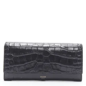 CELINE black scaled leather embossed calfskin flap front long wallet