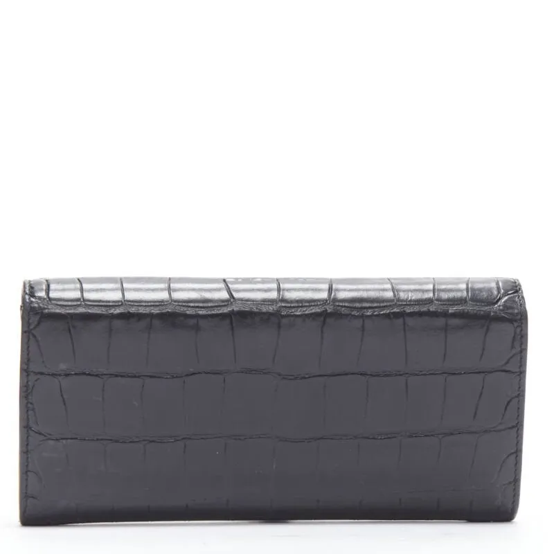 CELINE black scaled leather embossed calfskin flap front long wallet