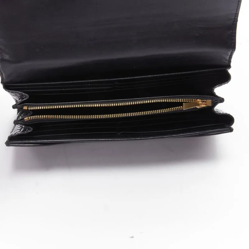 CELINE black scaled leather embossed calfskin flap front long wallet