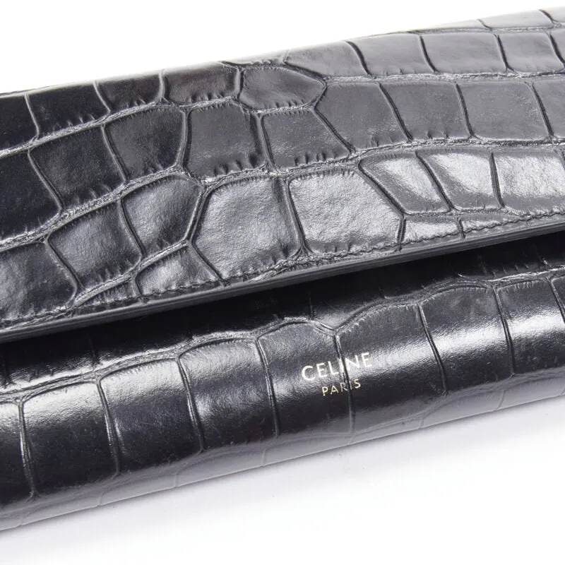 CELINE black scaled leather embossed calfskin flap front long wallet