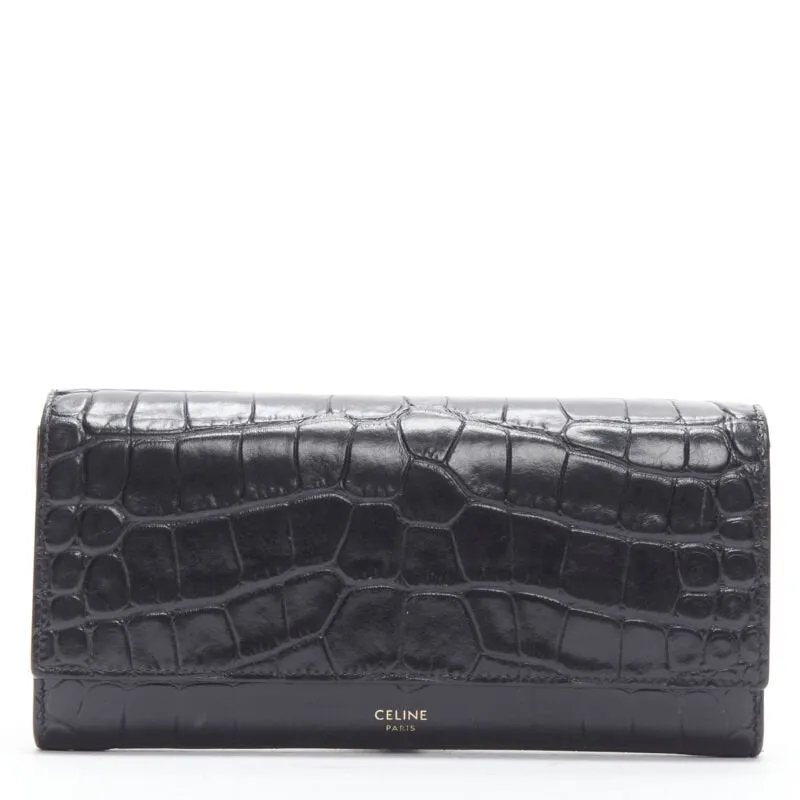 CELINE black scaled leather embossed calfskin flap front long wallet