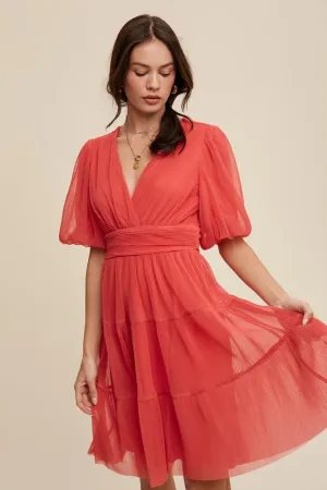 Coral Pleated Mini Dress