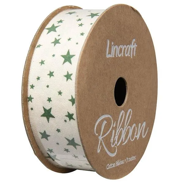 Cotton Ribbon, Emerald Stars- 25mm x 3m