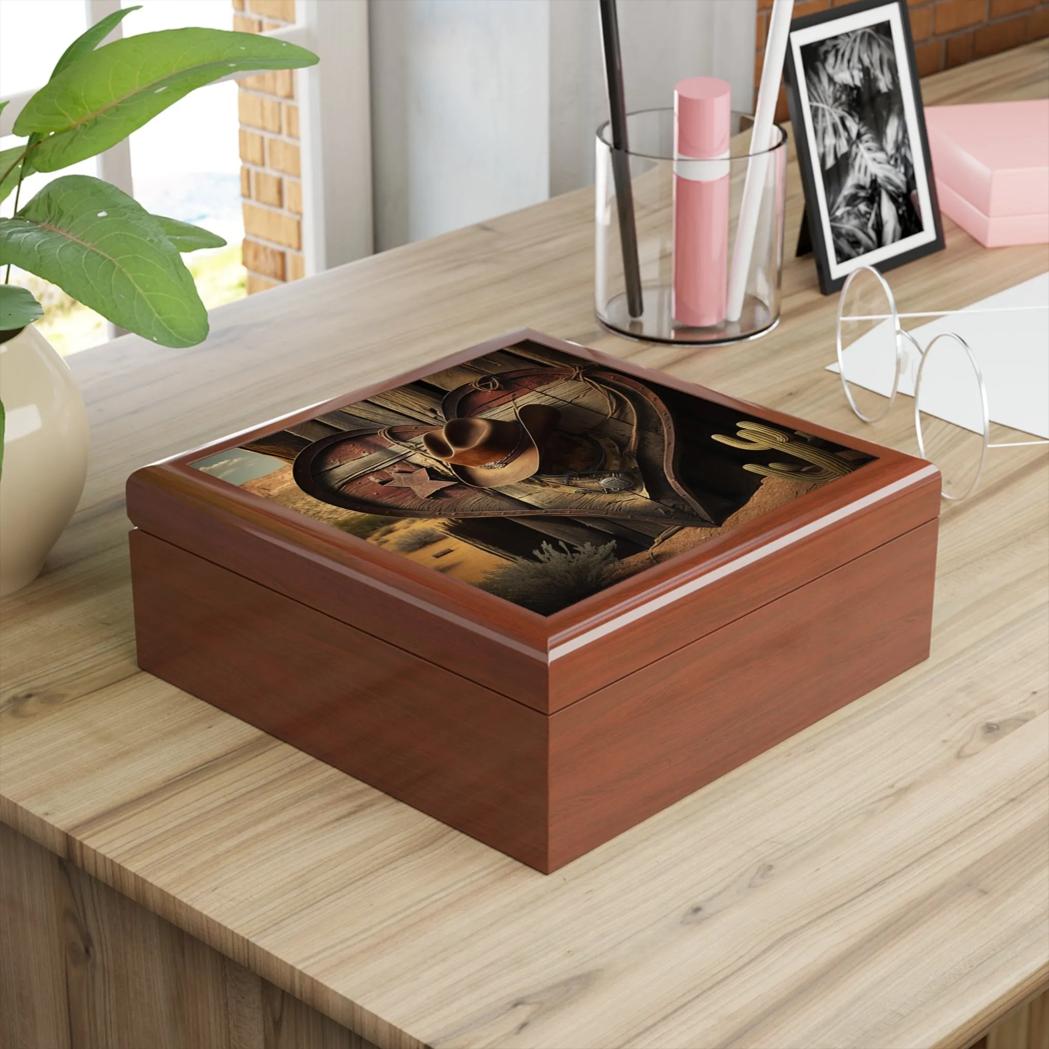 Cowboy Western Heart Wood Keepsake Jewelry Box with Ceramic Tile Cover