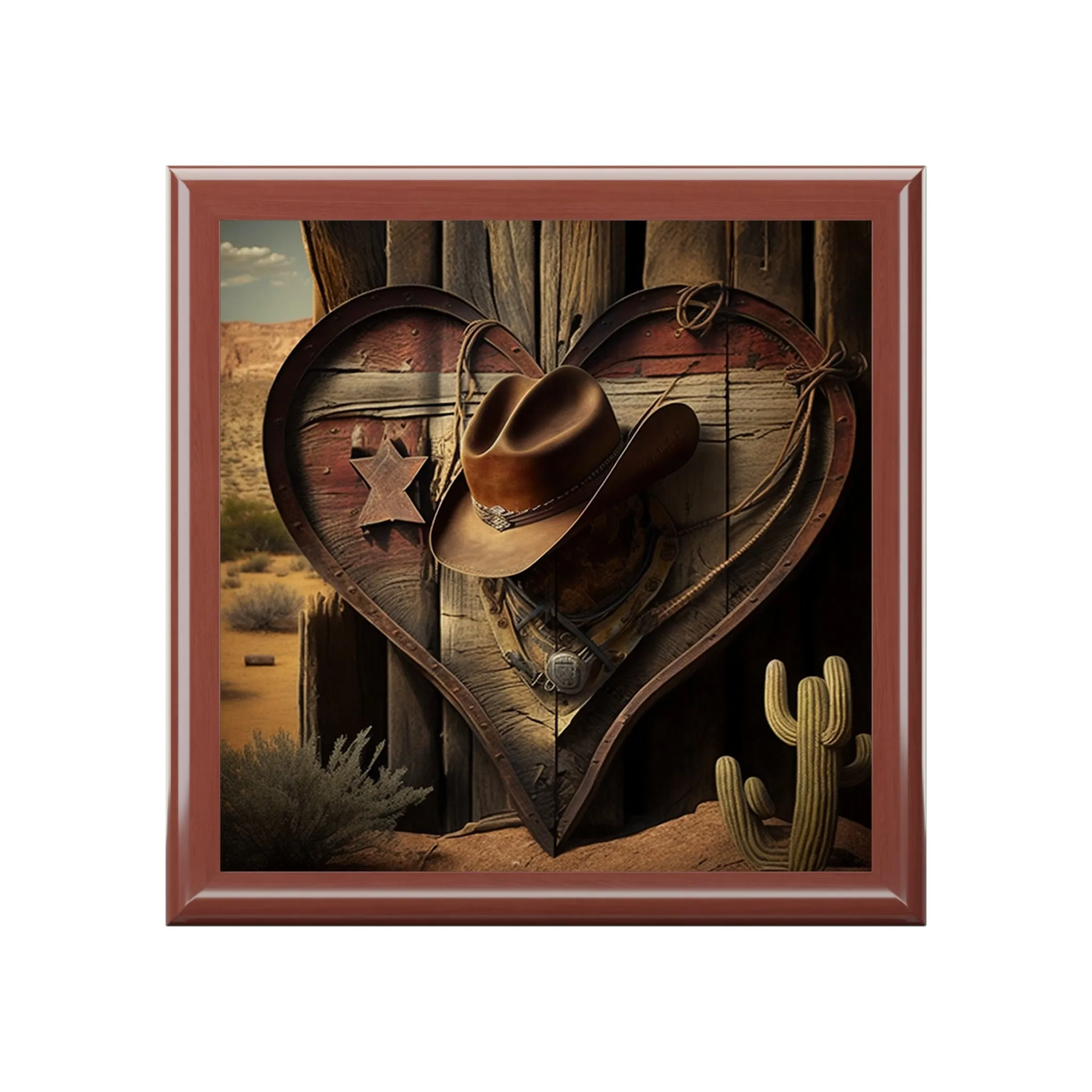 Cowboy Western Heart Wood Keepsake Jewelry Box with Ceramic Tile Cover