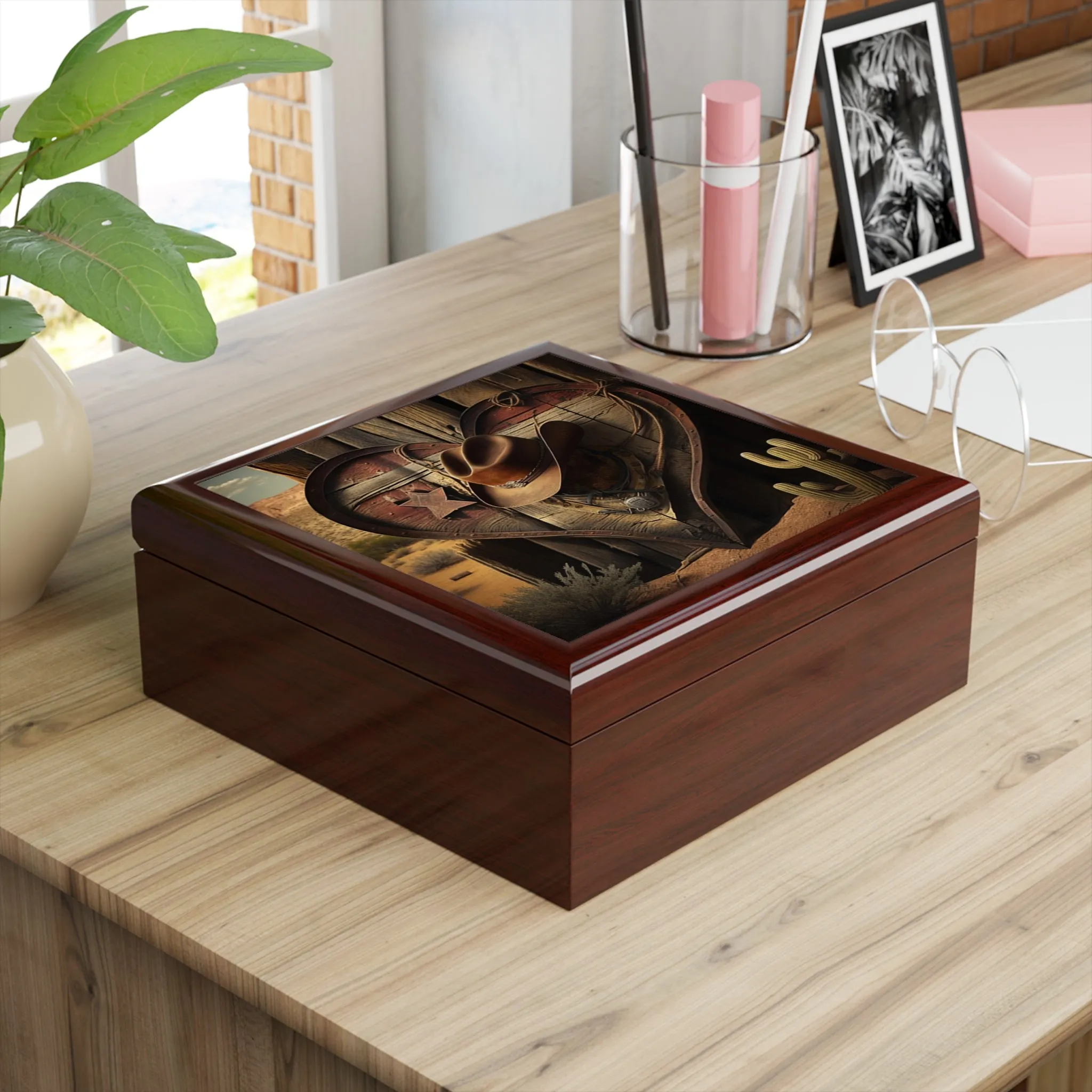 Cowboy Western Heart Wood Keepsake Jewelry Box with Ceramic Tile Cover