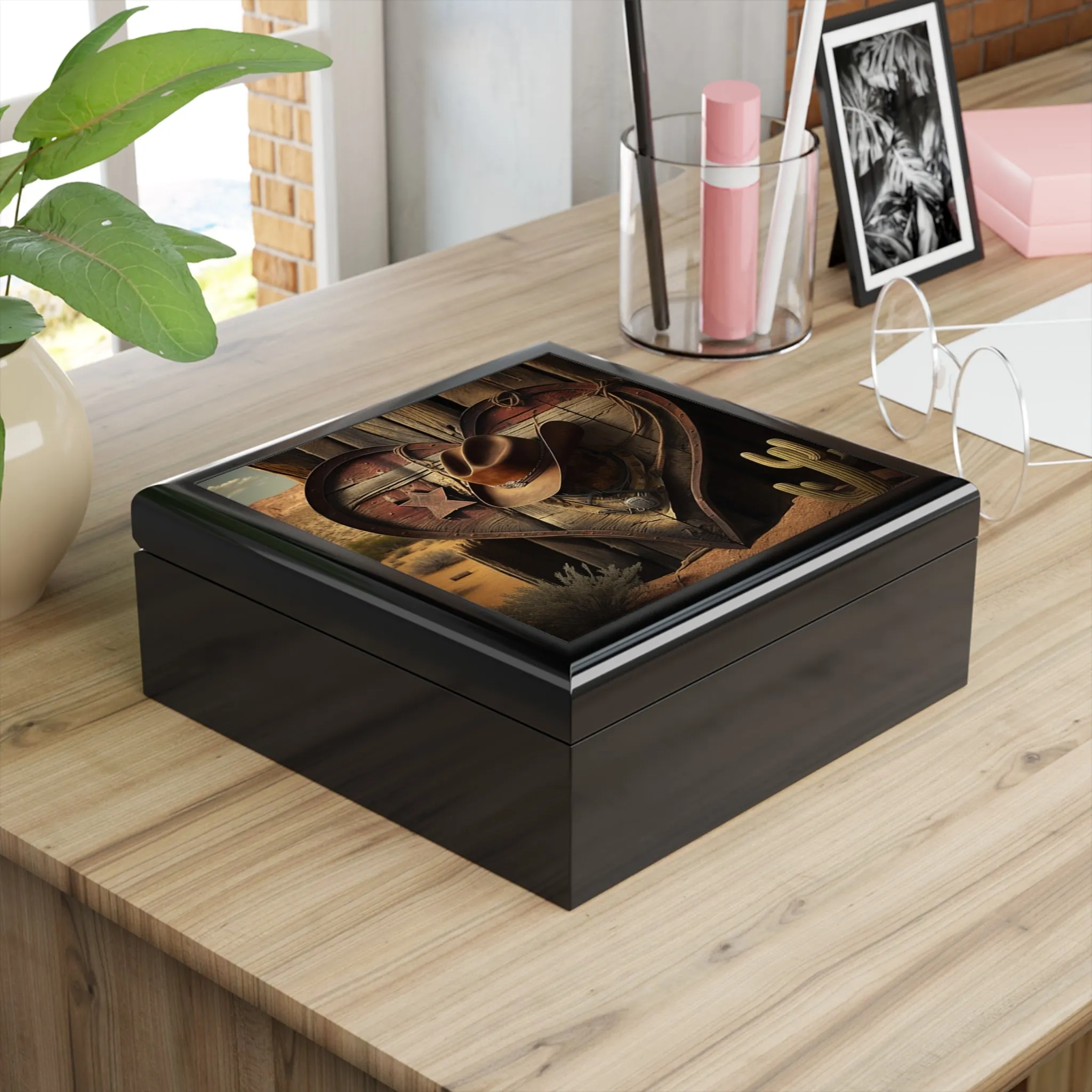 Cowboy Western Heart Wood Keepsake Jewelry Box with Ceramic Tile Cover