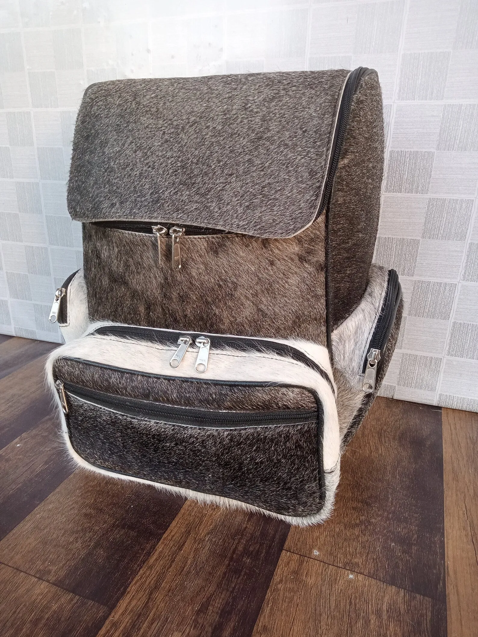 Cowhide Backpack Exotic Grey White