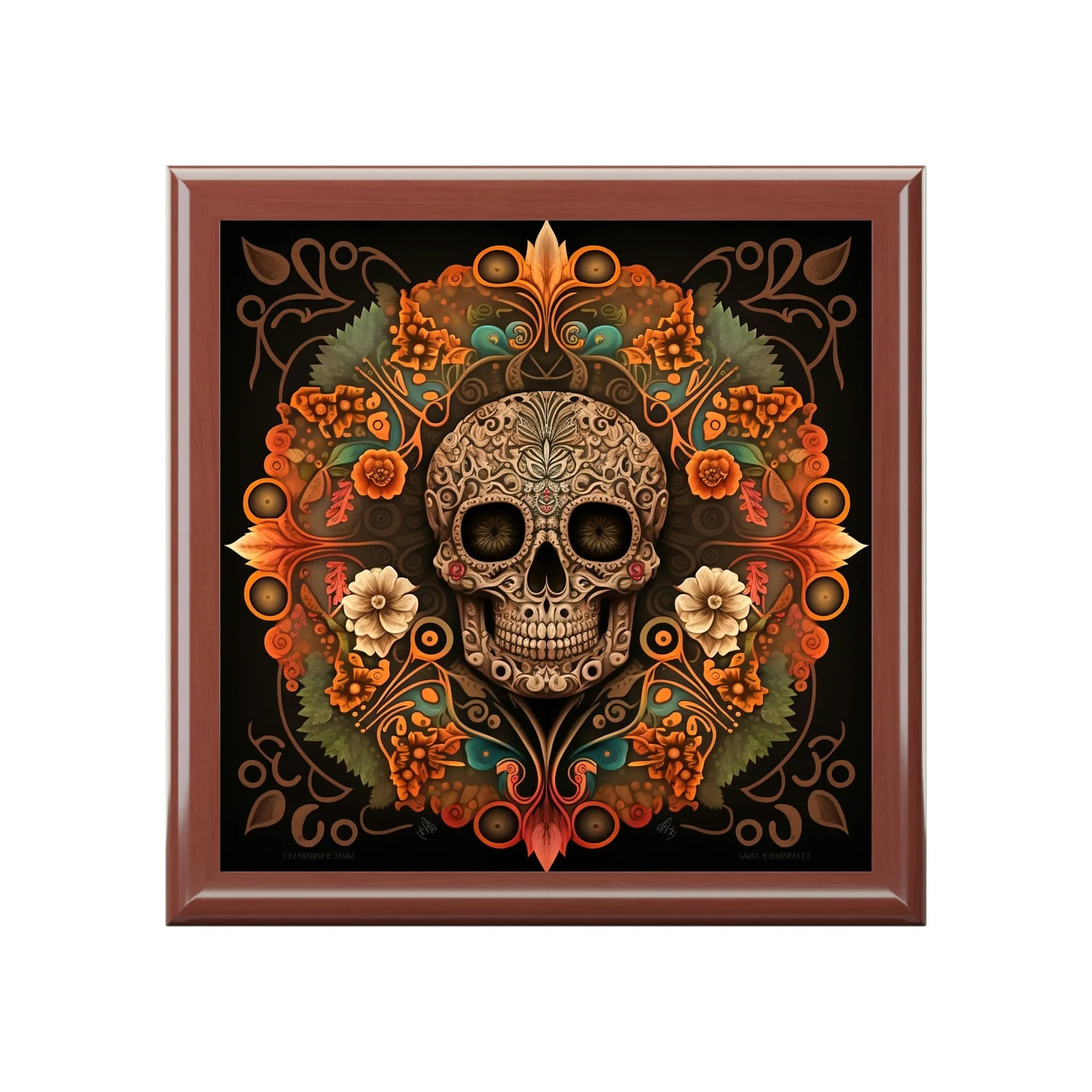 Day of the Dead Skull Mandala Wooden Keepsake Jewelry Box with Ceramic Tile Cover