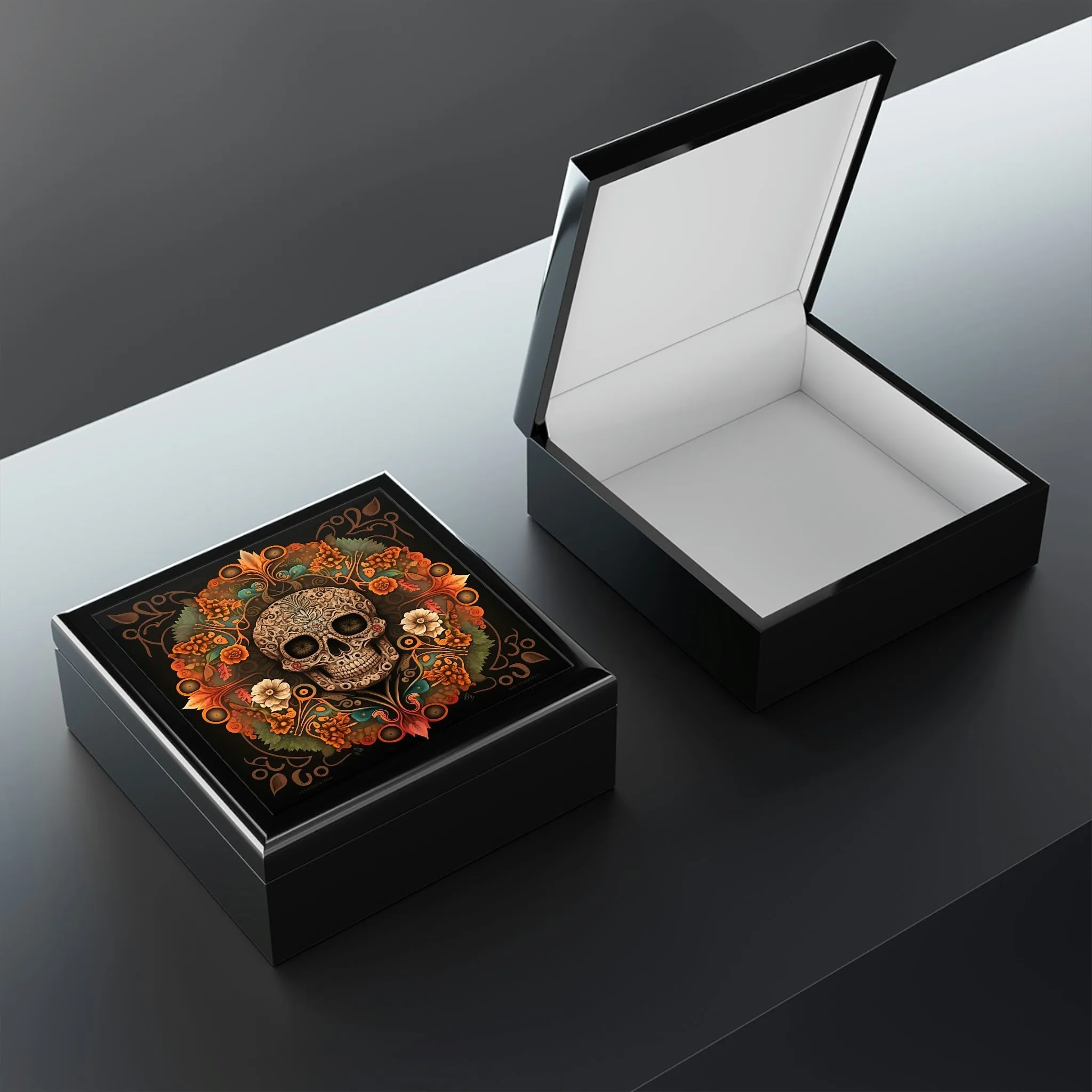 Day of the Dead Skull Mandala Wooden Keepsake Jewelry Box with Ceramic Tile Cover