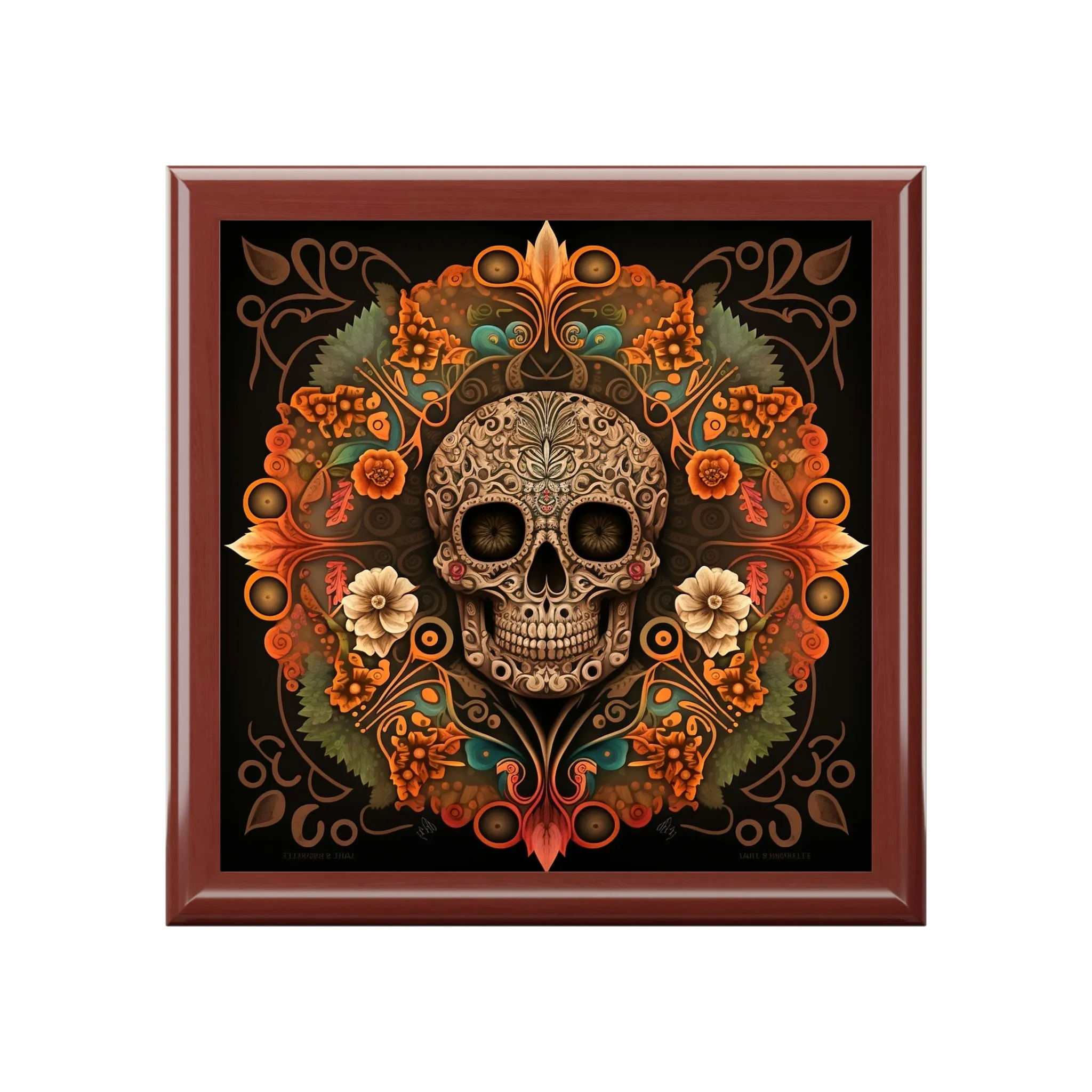 Day of the Dead Skull Mandala Wooden Keepsake Jewelry Box with Ceramic Tile Cover