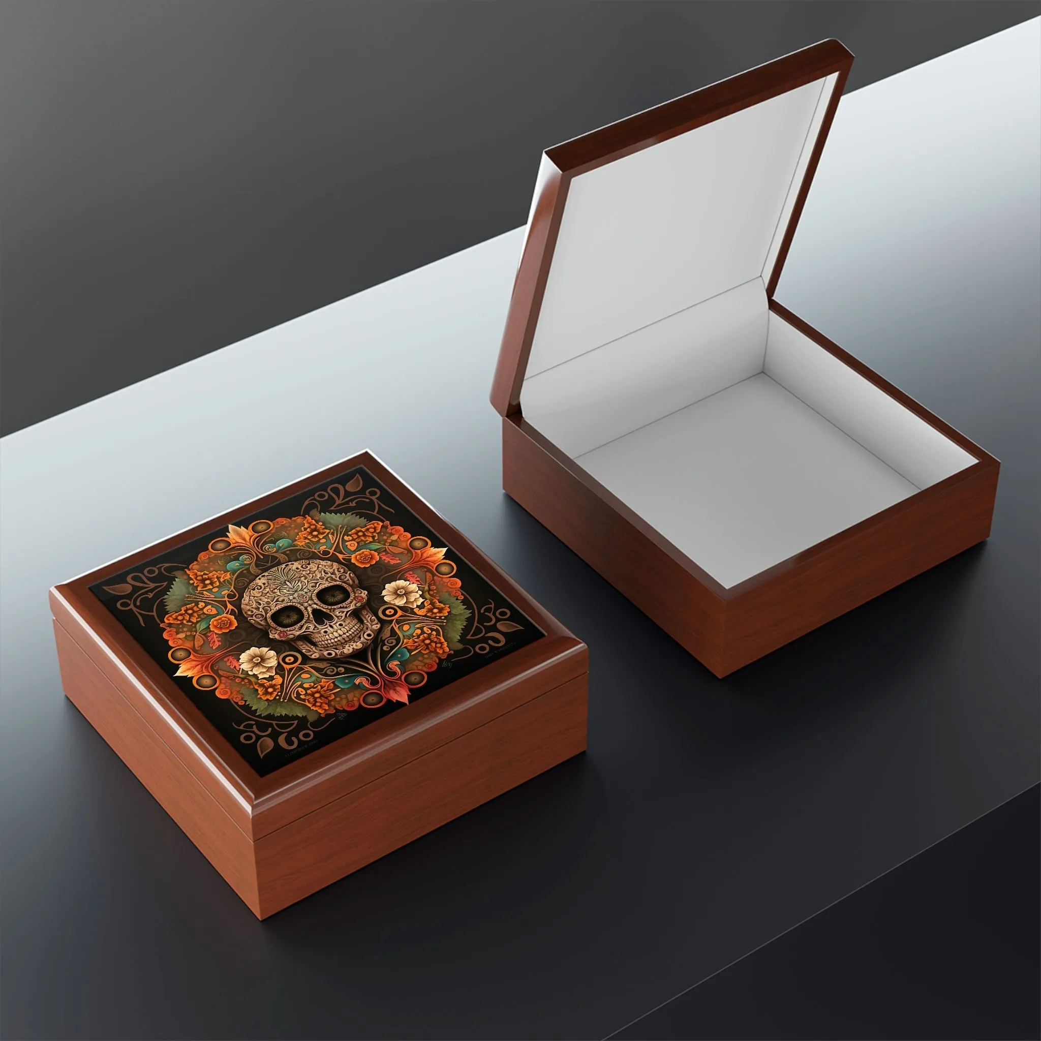 Day of the Dead Skull Mandala Wooden Keepsake Jewelry Box with Ceramic Tile Cover