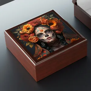 Day of the Dead Wooden Keepsake Jewelry Box with Ceramic Tile Cover