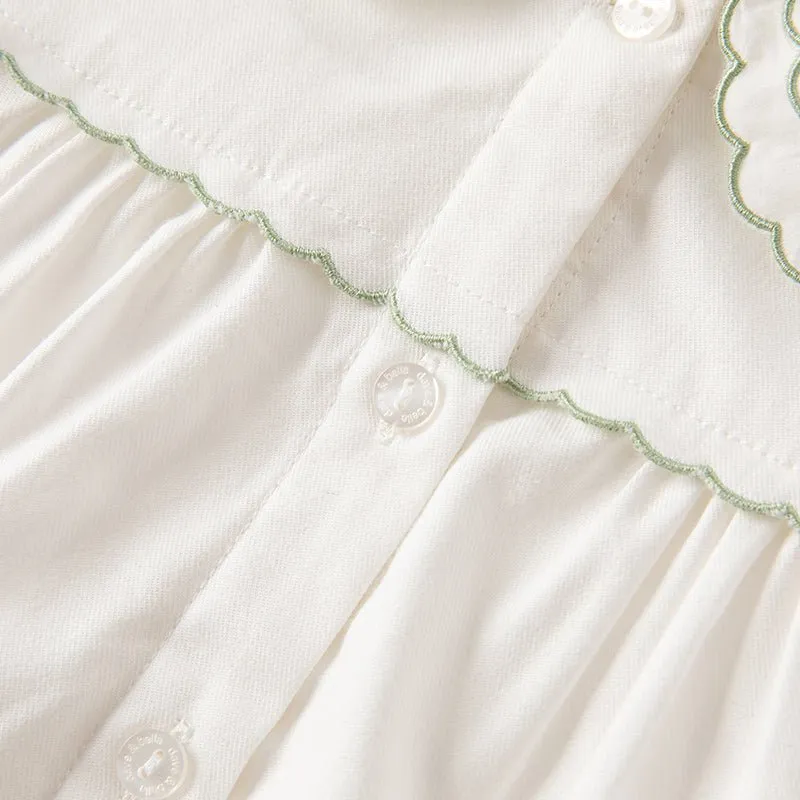 Double Embroidered Collar Girl Green Trim White Shirt