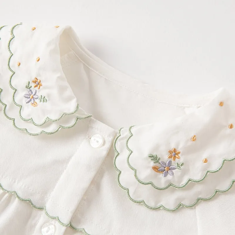 Double Embroidered Collar Girl Green Trim White Shirt