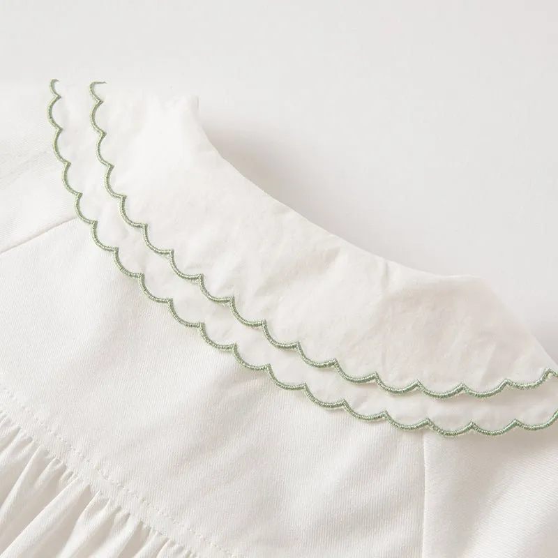 Double Embroidered Collar Girl Green Trim White Shirt