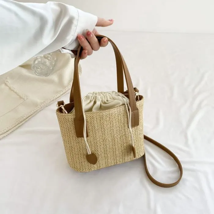 Drawstring Woven Bucket Bag