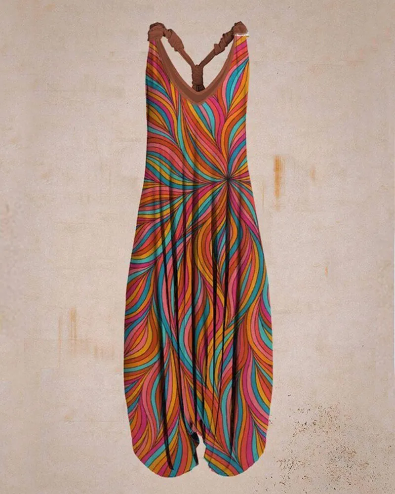 Ethnic print loose plus size jumpsuit