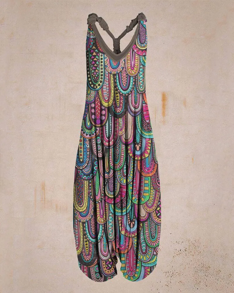 Ethnic print loose plus size jumpsuit