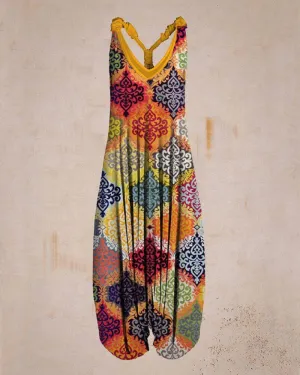 Ethnic print loose plus size jumpsuit